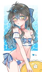  bikini breasts earrings female genderswap_(mtf) glasses grey_hair highres ike_eveland innertube ivy_eveland jewelry kokuchuutei long_hair medium_breasts multicolored_hair nijisanji nijisanji_en rule_63 stomach swimsuit yellow_eyes 