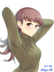  absurdres arms_behind_head bad_id bad_pixiv_id blush brown_eyes brown_hair dangan_kurabu dated female green_sweater highres kantai_collection long_hair looking_at_viewer ooi_(kancolle) ribbed_sweater simple_background solo sweater twitter_username upper_body white_background 