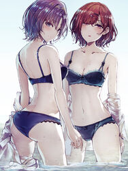  2girls :o asakura_toru ass back bare_shoulders blue_background blue_bra blue_panties blush bra breasts brown_eyes cleavage closed_mouth collarbone commentary cowboy_shot from_behind gradient_background hair_ornament hairclip half-closed_eyes highres higuchi_madoka idolmaster idolmaster_shiny_colors lace lace-trimmed_bra lace-trimmed_panties lace_trim long_sleeves looking_at_viewer looking_back medium_breasts minyom mole mole_under_eye multiple_girls navel ocean off_shoulder open_clothes open_mouth open_shirt panties red_hair shirt short_hair small_breasts smile standing underwear underwear_only unworn_shirt wading water water_drop wet wet_clothes wet_hair wet_shirt white_shirt 