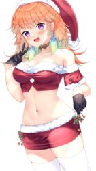  :d absurdres bare_shoulders bell black_gloves blunt_bangs blush bobblehat bow breasts cleavage commentary cowboy_shot crop_top female fur-trimmed_headwear fur-trimmed_skirt fur_trim gloves gradient_hair green_bow green_hair hat highres hololive hololive_english jingle_bell looking_at_viewer medium_breasts miniskirt multicolored_hair navel off-shoulder_shirt off_shoulder open_mouth orange_hair purple_eyes red_hat red_skirt santa_costume santa_hat shirt simple_background skirt smile solo stomach takanashi_kiara thighhighs v virtual_youtuber vitaminechan white_background white_thighhighs zettai_ryouiki 