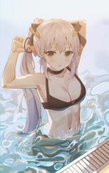  arknights armpits arms_up bad_id bad_pixiv_id bare_arms bare_shoulders bikini black_bikini black_choker breasts choker cleavage commentary_request dragon_horns female frown hair_tie halterneck horns korean_commentary long_hair looking_at_viewer medium_breasts navel orange_eyes ponytail saria_(arknights) shaffelli solo stomach swimming swimsuit tying_hair v-shaped_eyebrows very_long_hair water wet white_hair 