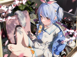  absurdres barefoot blue_hair blue_jacket blue_neckerchief blue_ribbon carrot_hair_ornament cellphone cherry_blossoms choker computer computer_keyboard denim denim_jacket don-chan_(usada_pekora) drinking_straw drinking_straw_in_mouth falling_petals feet female food-themed_hair_ornament foot_out_of_frame hair_ornament hair_ribbon heart heart-shaped_eyewear highres holding holding_phone hololive jacket juice_box long_sleeves neckerchief official_alternate_costume one_side_up open_clothes open_jacket pekomon_(usada_pekora) petals phone rabbit-shaped_eyewear rasa_k red_eyes ribbon sailor_collar school_uniform shirt short_hair skirt smartphone soles solo sunglasses thick_eyebrows toes unworn_eyewear usada_pekora usada_pekora_(casual) virtual_youtuber white_choker white_sailor_collar white_shirt white_skirt 