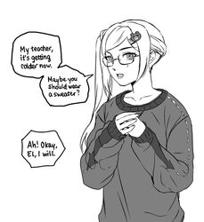  bespectacled commentary contemporary edelgard_von_hresvelg english_commentary english_text female fire_emblem fire_emblem:_three_houses glasses greyscale hair_ornament hairclip highres lips monochrome own_hands_clasped own_hands_together radiostarkiller semi-rimless_eyewear side_ponytail solo speech_bubble sweater under-rim_eyewear 