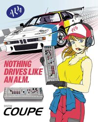  1980s_(style) alm_/_busy_circuits baseball_cap black_gloves blue_eyes bmw bmw_m1 breasts brown_hair car cleavage clothes_around_waist commentary commission controller english_commentary english_text female flat_color gloves hat highres instrument jose_salot medium_breasts medium_hair motor_vehicle open_mouth product_placement racing retro_artstyle solo_focus sports_car sweater sweater_around_waist synthesizer teeth upper_teeth_only 