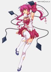  armpits artist_name breasts brown_eyes chains cleavage detached_sleeves female freezing_(series) genessa_roland hair_ribbon highres kizuchi_r long_hair pink_hair ribbon school_uniform skirt solo thighhighs torn_clothes torn_skirt torn_sleeves torn_thighhighs twintails very_long_hair 