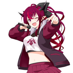  ;d absurdres black_horns black_jacket breasts cosplay cowboy_shot crop_top felutiahime female fingernails floral_print highres holding holding_microphone hololive hololive_english horns iris_print irys_(hololive) jacket large_breasts letterman_jacket long_hair looking_at_viewer microphone midriff miniskirt mori_calliope mori_calliope_(cosplay) mori_calliope_(streetwear) multiple_horns nail_polish navel oerba_yun_fang one_eye_closed open_clothes open_jacket open_mouth pleated_skirt pointy_ears popped_collar purple_eyes purple_nails raglan_sleeves red_skirt red_sleeves simple_background skirt smile solo virtual_youtuber white_background 