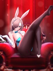  animal_ears armpit_crease artist_name asuna_(blue_archive) asuna_(bunny)_(blue_archive) bare_shoulders blue_archive blue_bow blue_bowtie blue_leotard blurry blurry_background bow bowtie breasts brown_pantyhose collarbone collared_shirt commentary couch fake_animal_ears feet female full_body gloves hair_over_one_eye hand_up highres holding huge_breasts jaxdrawz knee_up knees_together_feet_apart leaning_back leg_up legs leotard no_shoes official_alternate_costume on_couch pantyhose parted_bangs patreon_logo playboy_bunny red_background shadow shirt shoes sideboob single_shoe smile soles solo strapless strapless_leotard thick_thighs thighs toes undersized_breast_cup white_footwear white_gloves 