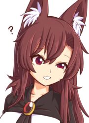  ? animal_ear_fluff animal_ears brooch brown_hair female hair_between_eyes imaizumi_kagerou jewelry long_hair open_mouth red_eyes simple_background smile solo touhou uneven_eyes upper_body white_background wolf_ears wool_(miwol) 