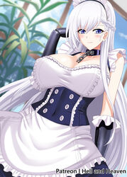  azur_lane belfast_(azur_lane) breasts broken broken_chain chains cleavage commentary covered_navel day dress female gloves hellandheaven highres indoors large_breasts long_hair maid maid_headdress patreon_username purple_eyes solo very_long_hair white_hair 