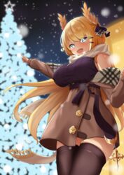  +_+ azur_lane bare_shoulders black_sweater black_thighhighs blonde_hair blue_eyes breasts brown_coat christmas coat coat_dress cross dating enpera female highres laurel_crown long_hair looking_at_viewer night official_alternate_costume open_mouth outdoors pointing purple_sweater ribbed_sweater scarf shinka_(yonkun121) sleeveless sleeveless_sweater smile snowing solo sweater taut_sweater_vest thighhighs victorious_(azur_lane) victorious_(the_goddess&#039;_day_off)_(azur_lane) 