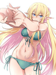  aqua_bikini bikini blonde_hair blue_eyes blush breasts cleavage cowboy_shot elf female front-tie_bikini_top front-tie_top groin highres highschool_elf_(nakahira_guy) long_hair long_pointy_ears medium_breasts multicolored_hair nakahira_guy navel original own_hands_together pink_hair pointy_ears side-tie_bikini_bottom simple_background smile solo streaked_hair stretching swimsuit two-tone_hair very_long_hair white_background 