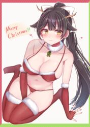  absurdres alternate_costume ass_visible_through_thighs azur_lane bad_id bad_pixiv_id bikini black_hair bow breasts bridal_gauntlets christmas fake_horns female full_body fur-trimmed_bikini fur-trimmed_gloves fur-trimmed_legwear fur_collar fur_trim gloves heart highres himeno_ame horns large_breasts long_hair merry_christmas ponytail red_bikini red_thighhighs santa_costume simple_background solo swimsuit takao_(azur_lane) thigh_gap thighhighs white_background white_bow yellow_eyes 