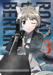  ahoge aiming aiming_at_viewer animal_ears black_jacket blazer blue_eyes blurry blurry_foreground boys_anti_tank_rifle braid braided_ponytail brown_hair cat_ears cat_girl cat_tail closed_mouth cloud cloudy_sky commentary copyright_name day depth_of_field dress_shirt english_text female flying foreshortening frown green_necktie gun highres jacket long_hair looking_at_viewer lynette_bishop necktie no_pants oinari_(koheihei1109) one_eye_closed outdoors rifle shirt single_braid sky sniper_rifle solo strike_witches striker_unit tail text_background weapon white_shirt wind wing_collar world_witches_series 