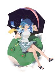  :d absurdres adapted_costume black_footwear blue_eyes blue_hair blue_skirt feet female frog full_body highres holding holding_umbrella karakasa_obake looking_at_viewer one_eye_closed open_mouth purple_umbrella sandals shirt shoe_dangle short_hair short_sleeves simple_background sitting skirt smile solo tatara_kogasa teasmacker toes touhou umbrella v white_background white_shirt 