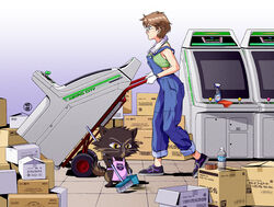  1980s_(style) 1other animal apron arcade_cabinet astro_city bishoujo_senshi_sailor_moon bishoujo_senshi_sailor_moon_r brown_hair character_print cleaning clothed_animal commentary commission english_commentary feline female full_body glasses gloves green_sports_bra jose_salot luna-p original overalls pink_apron print_apron retro_artstyle shoes short_hair sneakers sports_bra sweat white_gloves 