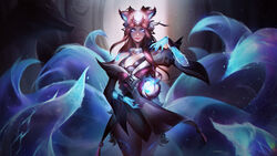  absurdres ahri_(league_of_legends) animal_ears artist_name blue_eyes breasts cleavage closed_mouth dated energy_ball english_commentary facial_mark female fingernails fox_ears fox_girl fox_tail glowing glowing_eyes glowing_hand gradient_hair hair_ornament highres indoors jewelry large_breasts league_of_legends leg_tattoo long_hair looking_at_viewer multicolored_hair multiple_tails necklace official_alternate_costume official_alternate_hairstyle parted_bangs pink_hair sharp_fingernails shoulder_tattoo smile snow_moon_ahri solo statue tail tattoo whisker_markings zhouzx1026 