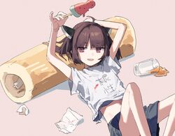  ahoge alternate_costume arm_up black_skirt brown_eyes brown_hair casual commentary_request cup drinking_glass feet_out_of_frame female food food_wrapper headgear highres hitogome holding holding_food holding_ice_cream ice_cream jitome kiritanpo_(food) knees_up looking_at_viewer lying melting midriff_peek on_back open_mouth oversized_food oversized_object pinky_out popsicle popsicle_stick print_shirt shirt short_twintails skirt smile solo spill stained_clothes touhoku_kiritan twintails v-shaped_eyebrows voiceroid watermelon_bar 