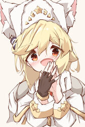  :d animal_ear_fluff animal_ears animal_hands bad_id bad_pixiv_id black_gloves blonde_hair blush brown_background cape commentary_request fake_animal_ears female fingerless_gloves fur_hat girls&#039;_frontline gloves hair_between_eyes hands_up hat highres long_sleeves looking_at_viewer matsuo_(matuonoie) nagant_revolver_(girls&#039;_frontline) nagant_revolver_(mod3)_(girls&#039;_frontline) open_mouth red_eyes shirt simple_background single_glove smile solo steepled_fingers white_cape white_hat white_shirt 