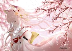  absurdres animal_ear_fluff animal_ears artist_name azur_lane breasts cherry_blossoms closed_eyes commentary_request detached_sleeves falling_petals female flower fox_ears fox_girl fox_tail from_side hair_flower hair_ornament hanazuki_(azur_lane) highres japanese_clothes kimono long_hair nako_nya obi petals pink_hair sash sideboob sidelocks signature smelling_flower solo standing tail tree upper_body wide_sleeves 