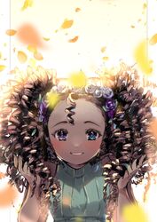  artist_self-insert backlighting big_hair blue_eyes blush brown_hair commentary curly_hair dark-skinned_female dark_skin english_commentary female fingernails flower forehead hair_flower hair_ornament heterochromia highres long_hair nachoz_(nachozart) nose_blush purple_eyes real_life ringlets sleeveless sleeveless_turtleneck smile solo turtleneck very_dark_skin 