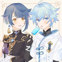  2boys bandages black_bodysuit blue_hair blush bodysuit book chongyun_(genshin_impact) earrings food frilled_sleeves frills genshin_impact hair_between_eyes highres holding holding_book jewelry light_blue_hair long_sleeves male_focus multiple_boys parted_lips popsicle protected_link signature simple_background single_earring tamamura_(tmmr5) tassel tassel_earrings tongue tongue_out upper_body xingqiu_(genshin_impact) yellow_eyes 