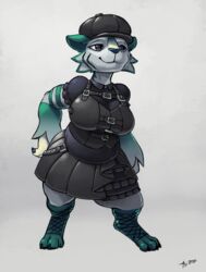  2020 accidentalaesthetics anthro belt black_eyes bottomwear breasts cheek_tuft clothed clothing facial_tuft felid female fishnet_clothing fishnet_leggings fishnet_legwear flat_cap fur glistening glistening_clothing green_body green_fur green_stripes hand_on_leg hat headgear headwear hi_res jaxi_(accidentalaesthetics) leaning leaning_forward leggings legwear mammal pantherine shaded shirt simple_background skirt slightly_chubby smile solo standing stripes tiger topwear tuft turf_tiger vest white_background white_body white_fur 