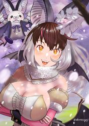  aburaeoyaji animal_costume animal_ears bat_ears bat_girl bat_wings bow breasts brown_long-eared_bat_(kemono_friends) cleavage crossed_arms detached_sleeves extra_ears fangs female flower fur_collar heart highres huge_breasts kemono_friends kemono_friends_v_project looking_at_viewer multicolored_hair pink_sleeves plum_blossoms poporu_(kemono_friends) smile two-tone_hair virtual_youtuber wings 