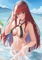  absurdres alternate_costume aoi_13 beach bikini blurry blurry_background blush breasts cleavage cleavage_cutout clothing_cutout cloud cloudy_sky commentary crotch_cutout curvy day detached_collar female hair_between_eyes hair_ornament hand_on_own_head highres holding holding_clothes island long_hair looking_at_viewer medium_breasts midriff navel oerba_yun_fang open_mouth outdoors partially_submerged punishing:_gray_raven red_eyes red_hair see-through see-through_skirt skirt sky solo sunlight swimsuit vera_(punishing:_gray_raven) waves wet wet_clothes 