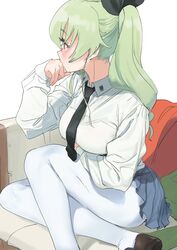  absurdres anchovy_(girls_und_panzer) black_neckwear blue_skirt blush breast_hold breasts brown_footwear closed_mouth collared_shirt couch dorontabi dress_shirt eyelashes female girls_und_panzer green_hair hair_ribbon hand_on_own_chin highres long_hair long_sleeves medium_breasts miniskirt necktie orange_eyes pantyhose pleated_skirt ribbon shirt shoes simple_background sitting skirt solo twintails white_background white_legwear white_shirt wing_collar 