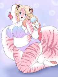  2020 3:4 4_toes 5_fingers ajna big_breasts blue_eyes bra breasts clothing digital_media_(artwork) eyebrows eyelashes feet felid female fingers fur hi_res huge_breasts mammal marzipan_(spottedtigress) pantherine pink_body pink_fur pink_stripes seashell_bra slightly_chubby solo striped_body striped_fur stripes tiger toes underwear 