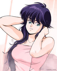  1980s_(style) ayukawa_madoka blush breasts commentary english_commentary female jose_salot kimagure_orange_road long_hair medium_breasts naked_towel purple_hair retro_artstyle solo towel twitter_username wet wet_hair 