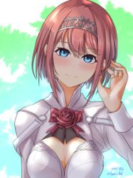  absurdres ark_royal_(kancolle) bad_id bad_pixiv_id blue_eyes blush bob_cut breasts cleavage cleavage_cutout clothing_cutout dangan_kurabu dated female flower hairband head_tilt highres kantai_collection medium_breasts red_flower red_hair red_rose rose shirt short_hair smile solo twitter_username upper_body white_shirt 