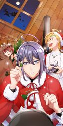  3boys :d absurdres ahoge blonde_hair blue_eyes blue_hair braiding_hair christmas christmas_tree commentary deer_costume gift green_hair hairdressing hand_up hat highres hypnosis_mic indoors izanami_hifumi jinguji_jakurai kannonzaka_doppo long_hair male_focus matenro_(hypnosis_mic) merry_christmas moon multicolored_hair multiple_boys night open_mouth ornament purple_hair red_hair red_headwear reindeer santa_hat short_hair sidelocks silhouette skylight skylight_(architecture) sleigh smile snowflake_necklace sunsirou unworn_hat unworn_headwear very_long_hair yellow_eyes 