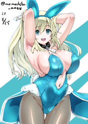  adapted_costume animal_ears atago_(kancolle) black_pantyhose blonde_hair breasts detached_collar fake_animal_ears fake_tail female green_eyes green_leotard highleg highleg_leotard kantai_collection large_breasts leotard long_hair nafta navel pantyhose playboy_bunny rabbit_ears rabbit_tail solo strapless strapless_leotard tail 