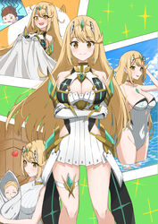  1boy 2girls aotsuba baby bare_legs blonde_hair blush breasts casual_one-piece_swimsuit chest_jewel commission dress earrings elbow_gloves embarrassed gloves headpiece highres jewelry large_breasts long_hair microdress mother_and_daughter multiple_girls mythra_(radiant_beach)_(xenoblade) mythra_(xenoblade) one-piece_swimsuit rex_(xenoblade) ribbed_swimsuit skeb_commission strapless strapless_one-piece_swimsuit striped_clothes striped_one-piece_swimsuit swept_bangs swimsuit tiara vertical-striped_clothes vertical-striped_one-piece_swimsuit xenoblade_chronicles_(series) xenoblade_chronicles_2 xenoblade_chronicles_3 xenoblade_chronicles_3:_future_redeemed yellow_eyes 