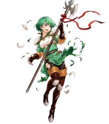  armor belt boots breastplate broken broken_armor broken_weapon dress elbow_gloves feathers female fingerless_gloves fire_emblem fire_emblem:_thracia_776 fire_emblem_heroes full_body gloves gold_trim green_dress green_eyes green_hair halberd highres holding holding_weapon karin_(fire_emblem) knee_pads looking_away non-web_source official_art one_eye_closed open_mouth pantyhose polearm shiny_clothes short_dress short_hair short_sleeves shoulder_armor solo thigh_boots thighhighs torn_clothes transparent_background uroko_(mnr) weapon white_armor 