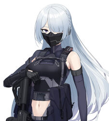  ak-15 ak-15_(girls&#039;_frontline) assault_rifle black_gloves braid breasts clothing_cutout covered_mouth crop_top dlarudgml21 elbow_gloves female french_braid girls&#039;_frontline gloves grey_hair gun hair_over_one_eye highres kalashnikov_rifle long_hair mask medium_breasts navel purple_eyes rifle solo stomach_cutout tactical_clothes upper_body weapon 