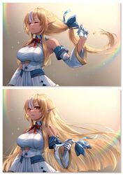  alternate_hairstyle blonde_hair blush bow breasts cleavage curry_bowl dark-skinned_female dark_elf dark_skin detached_sleeves elf female gloves hairbow highres hololive large_breasts long_hair looking_at_viewer multicolored_hair pointy_ears red_eyes shiranui_flare shiranui_flare_(1st_costume) sidelocks smile solo streaked_hair virtual_youtuber white_gloves white_hair white_sleeves 