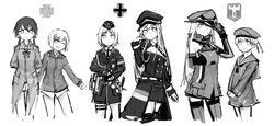  6+girls aiguillette armband balkenkreuz bismarck_(kancolle) coat commentary_request country_connection cowboy_shot cropped_legs cross erica_hartmann garrison_cap gertrud_barkhorn girls&#039;_frontline greyscale hand_on_headwear hat highres iron_cross jacket kantai_collection kriegsmarine long_hair long_sleeves luftwaffe military military_uniform monochrome mp40_(girls&#039;_frontline) multiple_girls no_pants one_eye_closed peaked_cap rampart1028 short_hair simple_background smile stg44_(girls&#039;_frontline) strike_witches thighhighs twintails uniform wehrmacht white_background world_war_ii world_witches_series z1_leberecht_maass_(kancolle) 