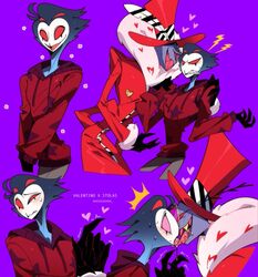  4_eyes anthro avian bird clothed clothing demon duo french_kissing hat hazbin_hotel headgear headwear heart_symbol helluva_boss hoodie kissing male male/male multi_eye owl red_eyes sharp_teeth stolas_(helluva_boss) teeth topwear valentino_(hazbin_hotel) voidseeker 