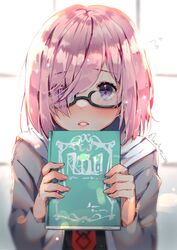  2020 backlighting black-framed_eyewear book chaldea_uniform commentary_request day fate/grand_order fate_(series) female fingernails glasses hair_over_one_eye highres holding holding_book hood hood_down looking_at_viewer mash_kyrielight nachoz_(nachozart) pink_hair purple_eyes semi-rimless_eyewear short_hair shy signature solo under-rim_eyewear 