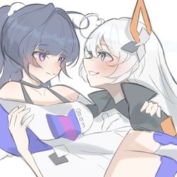  2girls ahoge blue_eyes blush closed_mouth high_ponytail honkai_(series) honkai_impact_3rd jacket kiana_kaslana kiana_kaslana_(void_drifter) long_hair multiple_girls niwa_x_4_torigairu official_alternate_costume ponytail purple_eyes raiden_mei raiden_mei_(striker_fulminata) shirt simple_background smile upper_body white_background white_shirt 