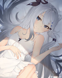  absurdres alternate_costume breasts cone_hair_bun dress female grey_eyes grey_hair hair_bun hair_ribbon highres hololive hololive_indonesia long_hair looking_at_viewer lying on_back ribbon small_breasts smile solo spaghetti_strap twitter_username vestia_zeta virtual_youtuber white_dress zinkaa 