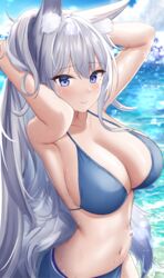  absurdres animal_ears arms_up azur_lane bikini blue_bikini blue_eyes blush breasts cleavage closed_mouth day female fox_ears fox_girl fox_tail grey_hair highres jyu-so large_breasts long_hair looking_at_viewer outdoors parted_lips shinano_(azur_lane) smile solo stomach swimsuit tail water wet 