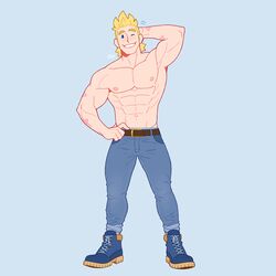  1boy abs absurdres alternate_costume arm_behind_head bara blonde_hair blue_pants boku_no_hero_academia casual denim feraltintinsimp full_body hand_on_own_hip highres jeans male_focus muscular muscular_male navel nipples one_eye_closed pants pants_rolled_up pectorals scar scar_on_arm shoes short_hair solo thighs togata_mirio topless_male 