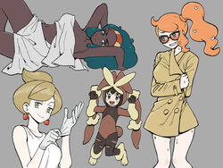  4girls afro alternate_costume aurea_juniper bad_id bad_pixiv_id blush breasts brown_hair buttons closed_mouth coat commentary cosplay dark-skinned_female dark_skin earrings eyelashes gloves green_eyes green_hair green_nails grey_background hair_ornament hairband hands_up heart heart_hair_ornament highres jewelry lenora_(pokemon) long_hair looking_at_viewer lopunny lopunny_(cosplay) mega_lopunny mega_lopunny_(cosplay) mega_pokemon multiple_girls nail_polish naked_coat navel nervous_smile nutkingcall orange-tinted_eyewear orange_hair poke_kid_(pokemon) pokemon pokemon_bw pokemon_swsh shirt short_hair side_ponytail simple_background sleeveless sleeveless_shirt smile sonia_(pokemon) sunglasses sweat tied_hair tinted_eyewear towel very_dark_skin white_shirt 