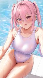  absurdres bad_id bad_twitter_id breasts covered_navel female from_above hair_between_eyes heterochromia highres large_breasts long_hair looking_at_viewer looking_up one-piece_swimsuit original pink_hair poolside purple_eyes ryudraw sitting solo swimsuit water wet wet_clothes wet_swimsuit white_one-piece_swimsuit 