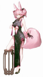  absurdres animal_ear_fluff animal_ears bare_shoulders black_dress black_footwear black_gloves breasts center_opening china_dress chinese_clothes clothing_cutout double_bun dress fangs fate/grand_order fate_(series) female folded_fan folding_fan fox_ears fox_girl fox_tail glasses gloves hair_bun hand_fan high_heels highres holding holding_fan k7_(kk7_000) koyanskaya_(chinese_lostbelt_outfit)_(fate) koyanskaya_(fate) large_breasts open_mouth paper_fan pelvic_curtain pink_hair short_hair side_slit sideboob simple_background sleeveless sleeveless_dress solo tail tamamo_(fate) white_background yellow_eyes 