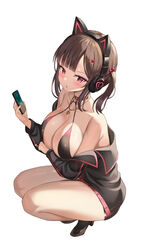  absurdres animal_ear_headphones animal_ears axent_wear bare_shoulders bikini black_bikini black_footwear black_jacket black_skirt black_socks breasts brown_hair candy cat_ear_headphones cat_ears cellphone choker cleavage fake_animal_ears female food full_body hair_ornament hairclip halterneck headphones high_heels highres holding jacket jewelry kitin large_breasts lollipop long_hair long_sleeves looking_at_viewer miniskirt necklace off_shoulder original parted_lips phone red_choker side_slit skirt smartphone socks solo squatting string_bikini swimsuit thighs twintails 