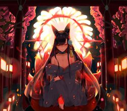  akagi_(azur_lane) akagi_(deep_crimson_poppy)_(azur_lane) animal_ears azur_lane bare_shoulders black_hair breasts brown_hair brown_tail female fox_ears fox_girl fox_tail highres japanese_clothes kimono kitsune large_breasts long_hair looking_at_viewer multiple_tails new_ju official_alternate_costume red_eyes smile solo tail white_kimono 